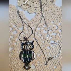 Beautiful owl necklace navy blue green and cream eyes silver tone Monet Chain